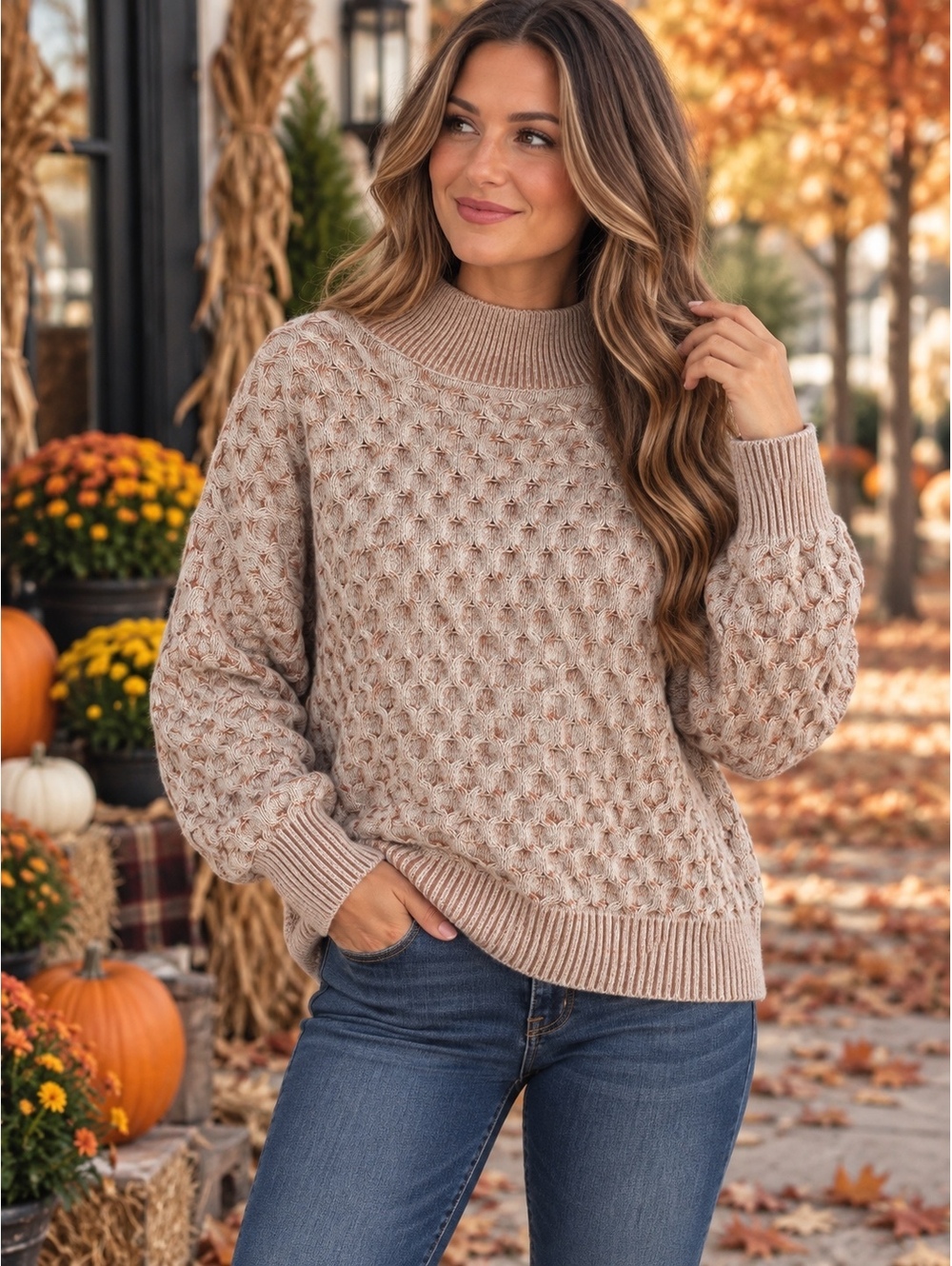 Knox Rose Light Rust Textured Knit Sweater with Mock Neck